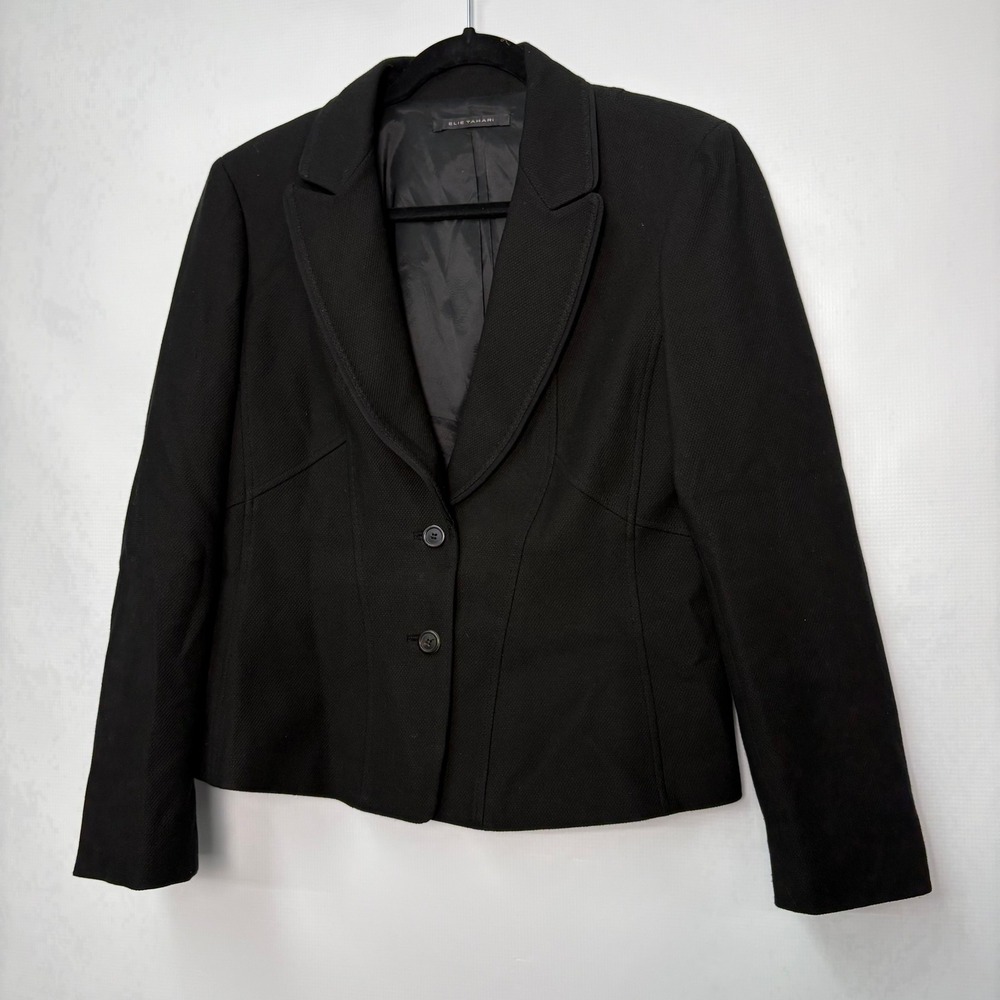 Elie Tahari Womens Black Cotton Blend Two Button Blazer Jacket Size 12 Office